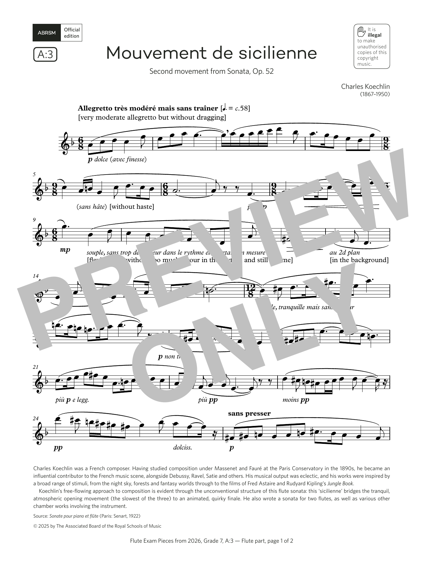 Charles Koechlin Mouvement de sicilienne (Grade 7, list A3, from the ABRSM Flute Syllabus from 2026) Sheet Music Notes & Chords for Flute Solo - Download or Print PDF Charles Koechlin Mouvement de sicilienne (Grade 7, list A3, from the ABRSM Flute Syllabus from 2026) Sheet Music Notes & Chords for Flute Solo - Download or Print PDF