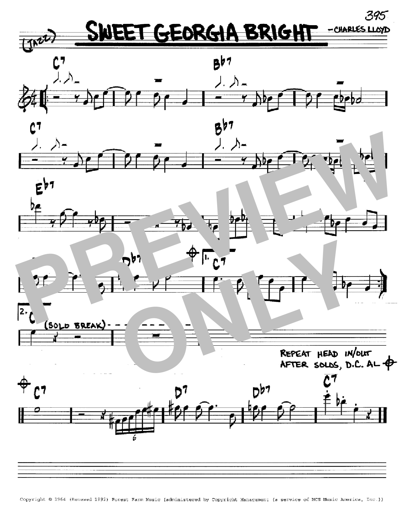 Charles Lloyd Sweet Georgia Bright Sheet Music Notes & Chords for Real Book - Melody & Chords - Bass Clef Instruments - Download or Print PDF