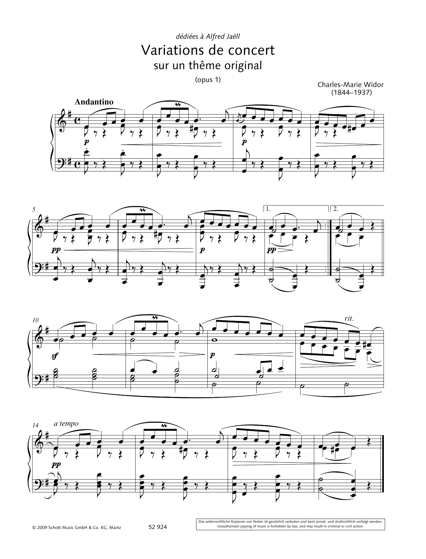 Charles-Marie Widor Variations de concert sur un thême original Sheet Music Notes & Chords for Piano Solo - Download or Print PDF