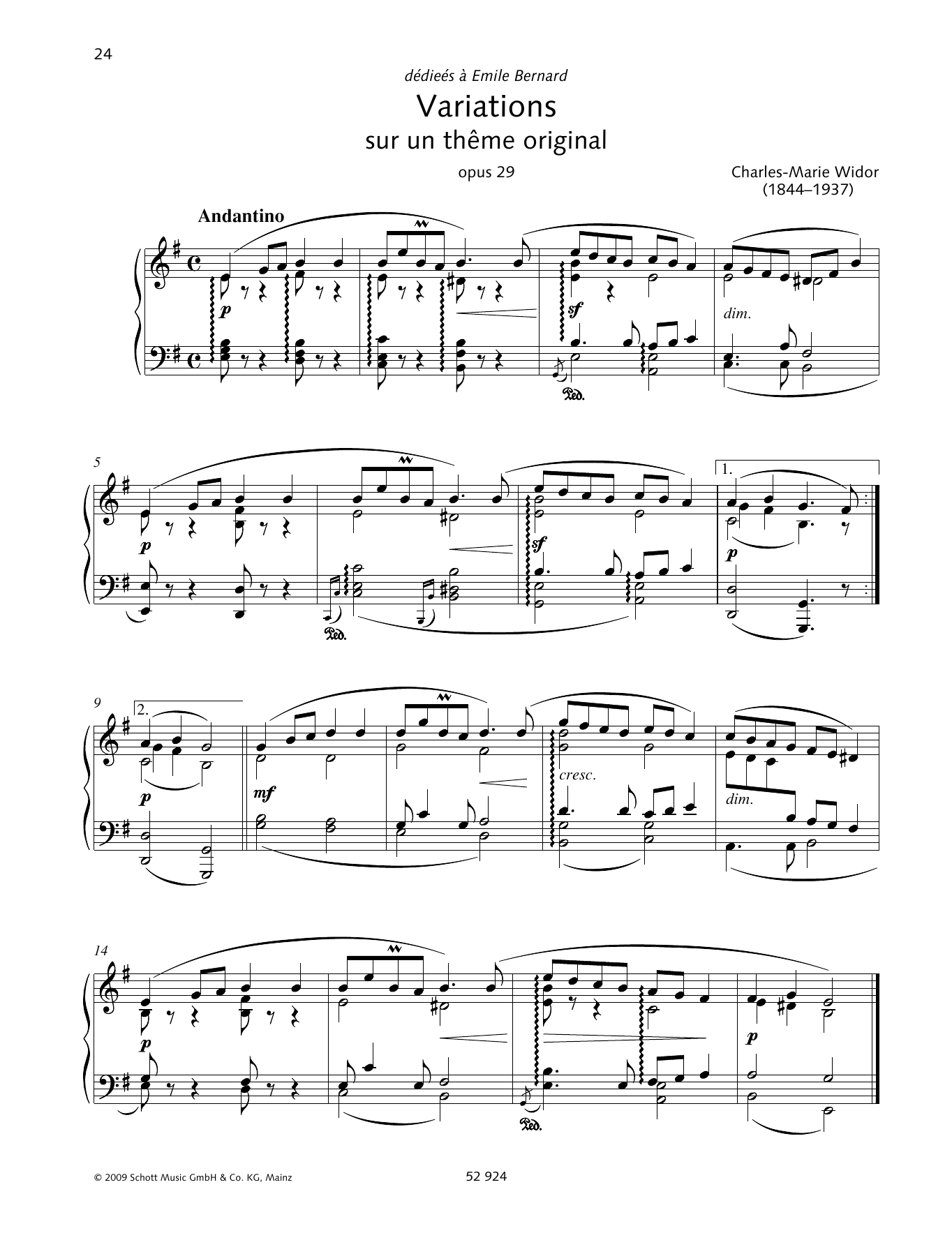 Charles-Marie Widor Variations sur un thème original Sheet Music Notes & Chords for Piano Solo - Download or Print PDF