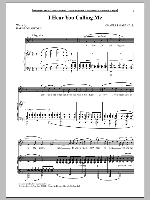 Charles Marshall I Hear You Calling Me Sheet Music Notes & Chords for Piano & Vocal - Download or Print PDF