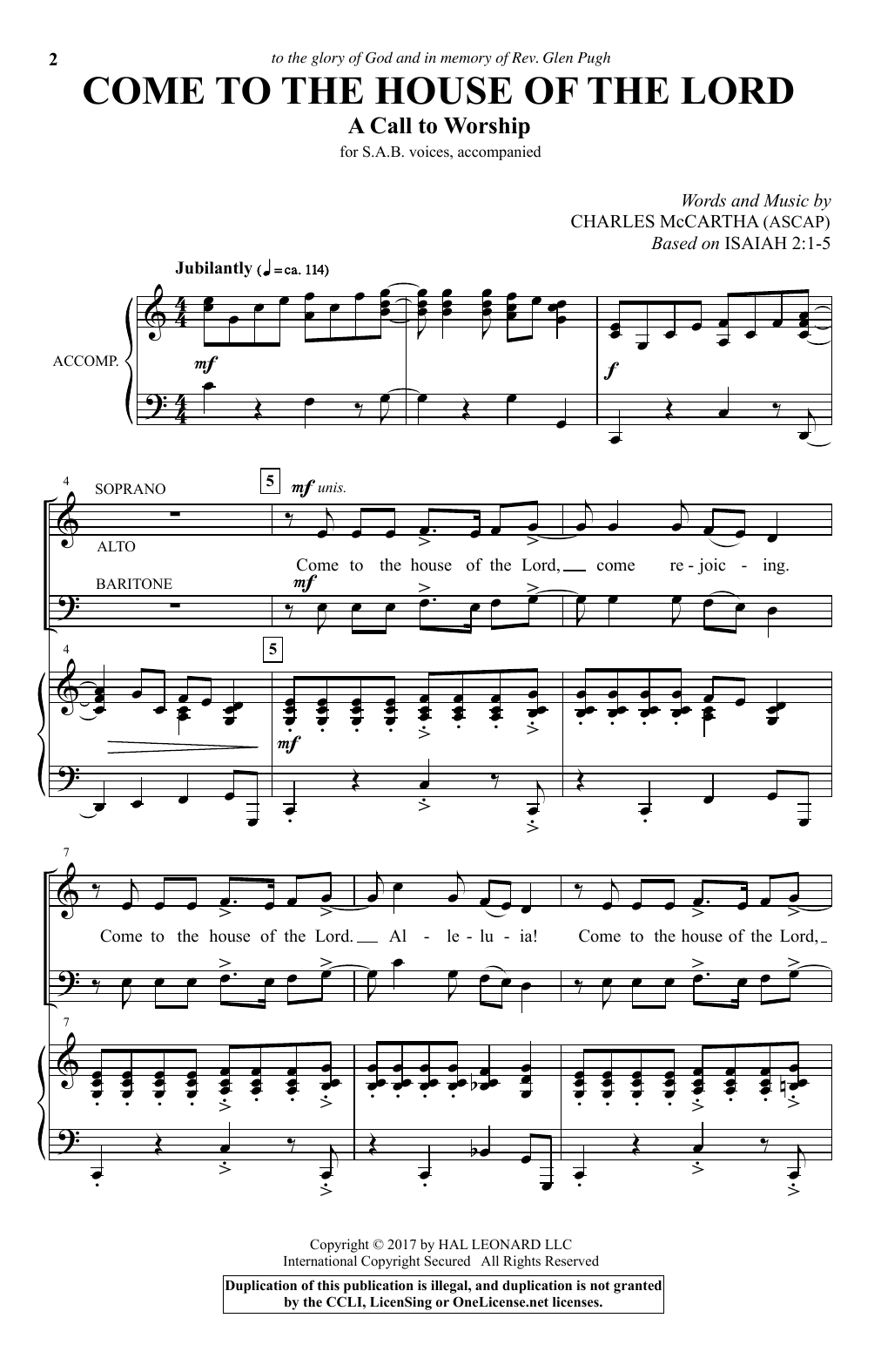 Charles McCartha Come To The House Of The Lord Sheet Music Notes & Chords for Piano, Vocal & Guitar - Download or Print PDF