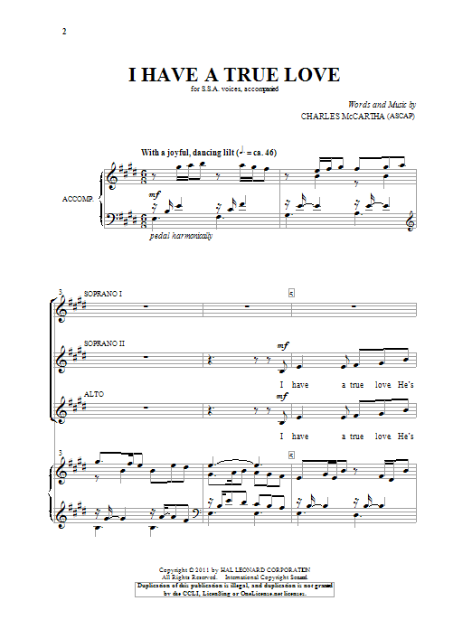 Charles McCartha I Have A True Love Sheet Music Notes & Chords for SSA - Download or Print PDF