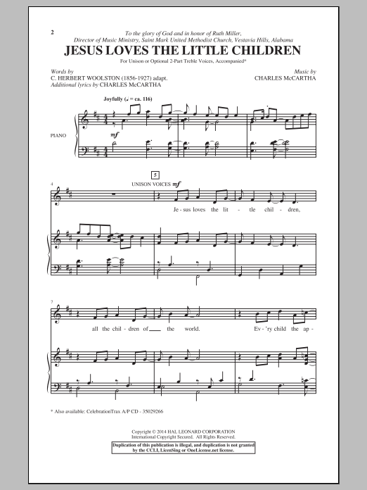 Charles McCartha Jesus Loves The Little Children Sheet Music Notes & Chords for Unison Choral - Download or Print PDF