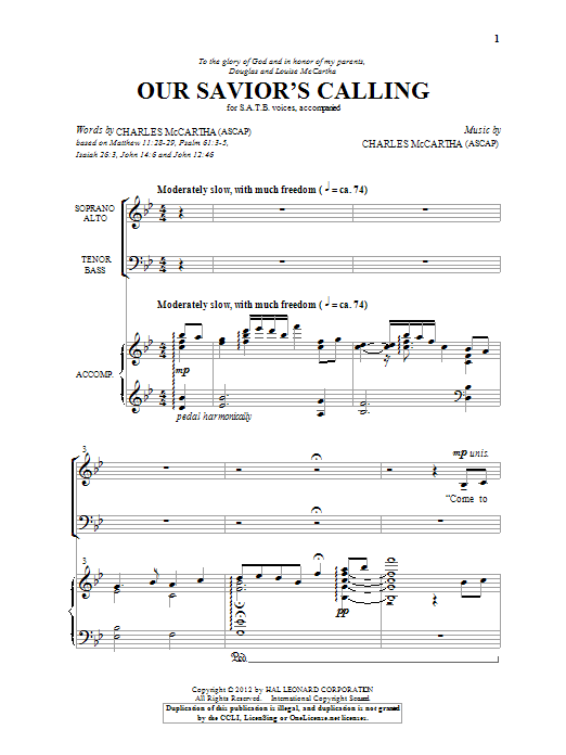 Charles McCartha Our Savior's Calling Sheet Music Notes & Chords for SATB - Download or Print PDF