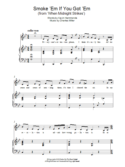 Charles Miller & Kevin Hammonds Smoke 'Em If You Got 'Em (from When Midnight Strikes) Sheet Music Notes & Chords for Piano & Vocal - Download or Print PDF Charles Miller & Kevin Hammonds Smoke 'Em If You Got 'Em (from When Midnight Strikes) Sheet Music Notes & Chords for Piano & Vocal - Download or Print PDF