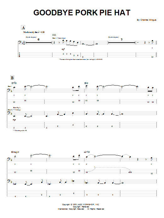 Charles Mingus Goodbye Pork Pie Hat Sheet Music Notes & Chords for Bass Guitar Tab - Download or Print PDF