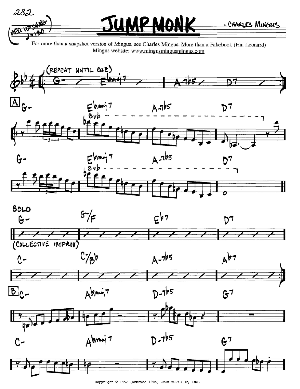 Charles Mingus Jump Monk Sheet Music Notes & Chords for Real Book - Melody & Chords - Bass Clef Instruments - Download or Print PDF