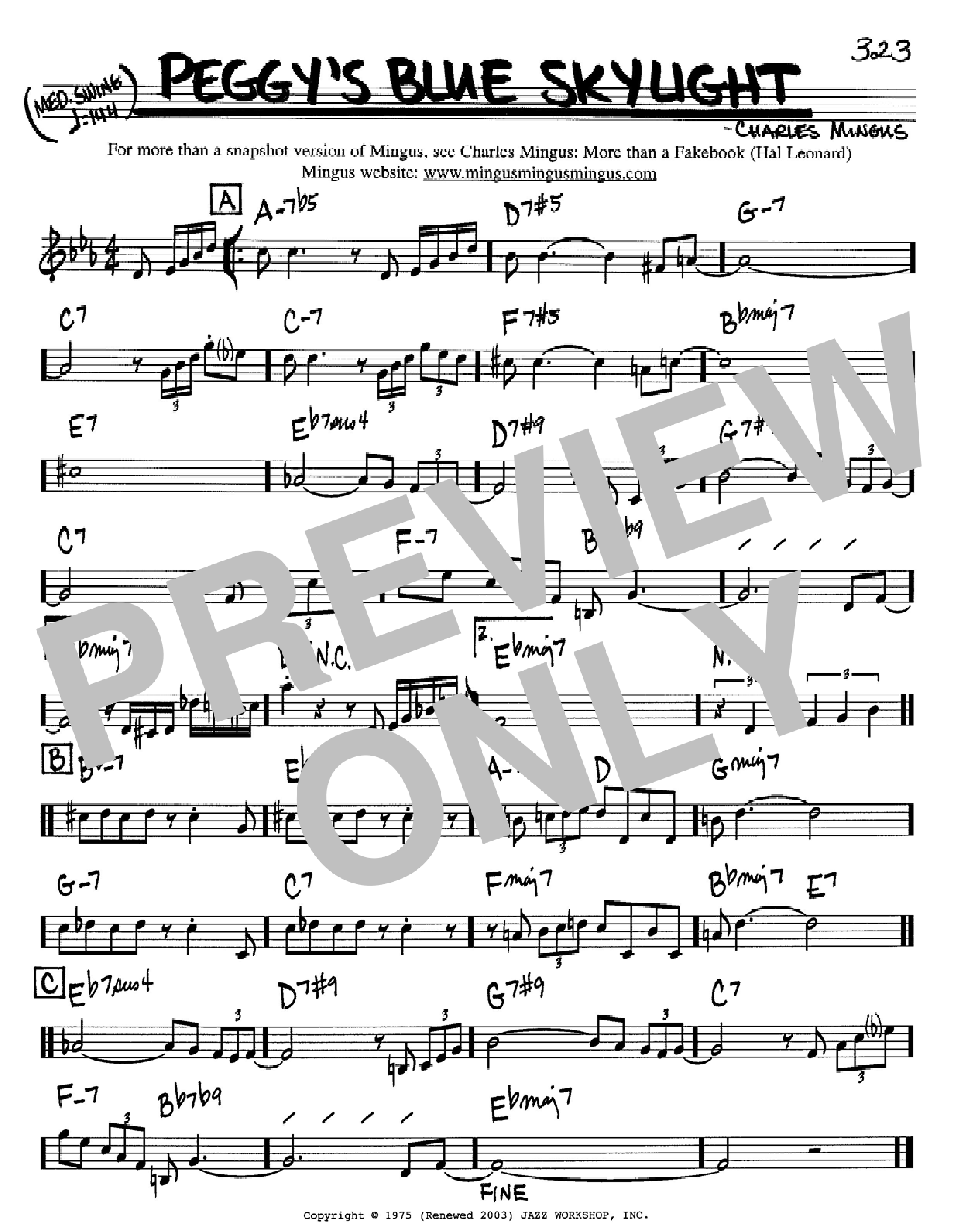 Charles Mingus Peggy's Blue Skylight Sheet Music Notes & Chords for Real Book - Melody & Chords - Bass Clef Instruments - Download or Print PDF