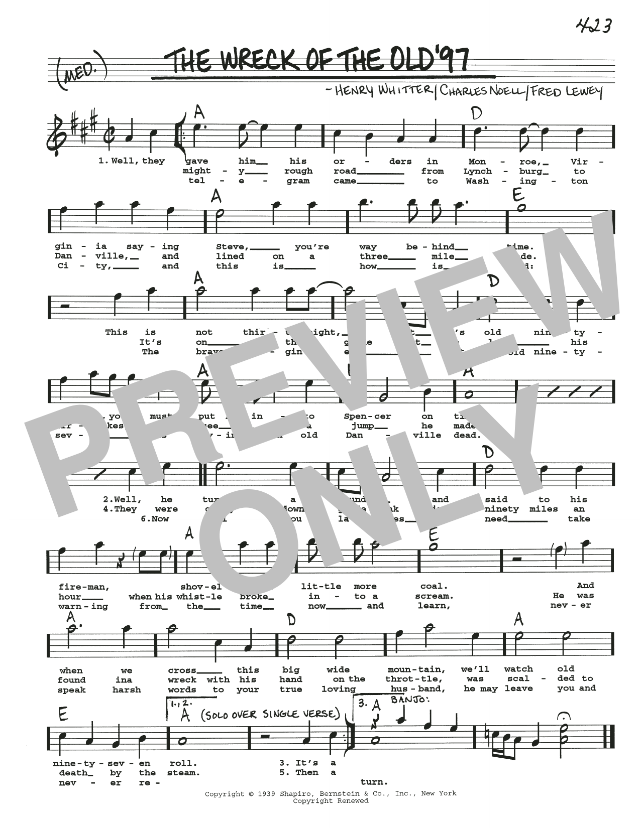 Charles Noell The Wreck Of The Old '97 Sheet Music Notes & Chords for Real Book – Melody, Lyrics & Chords - Download or Print PDF