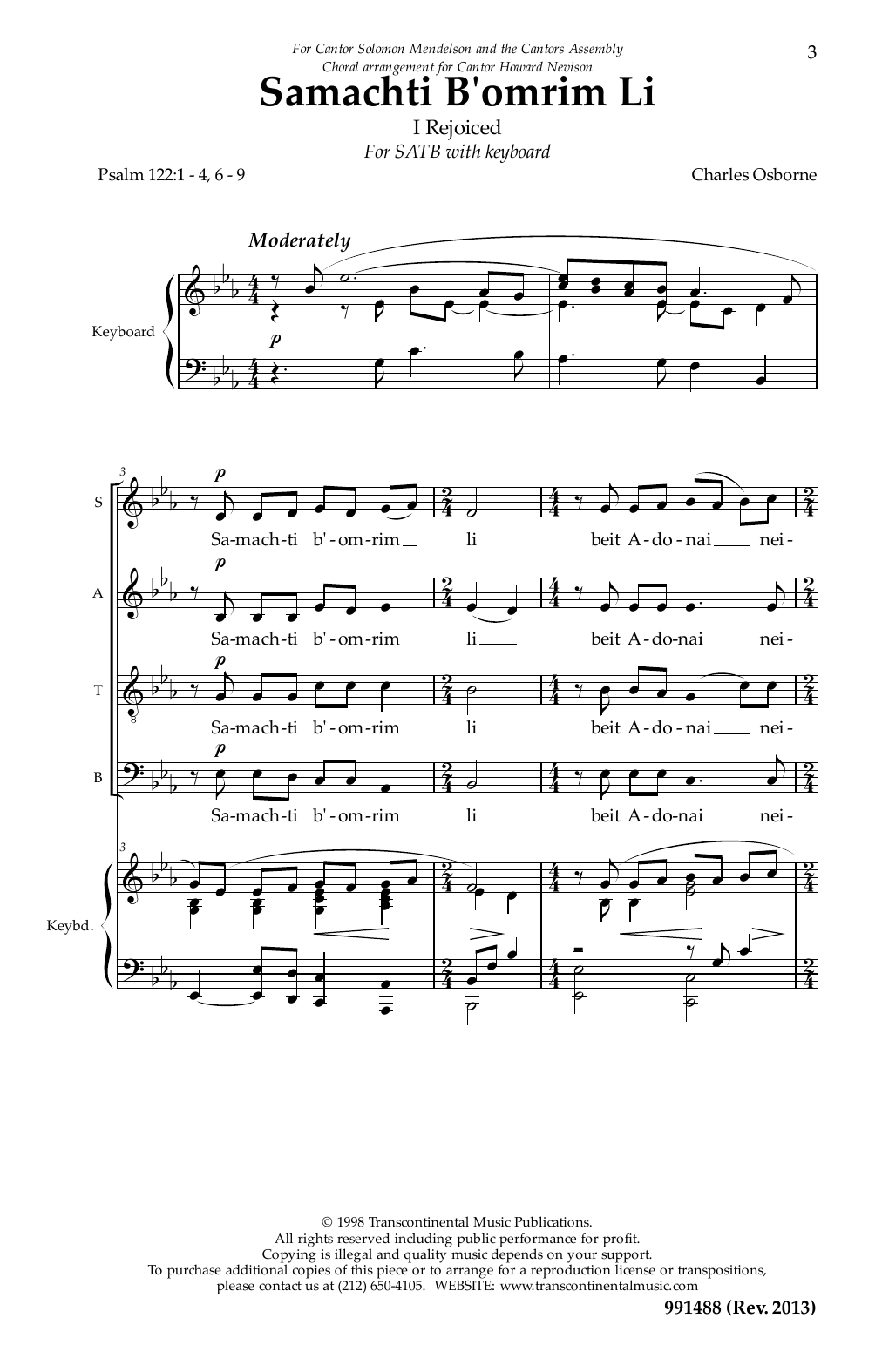 Charles Osborne Samachti B'omrim Li Sheet Music Notes & Chords for SATB Choir - Download or Print PDF