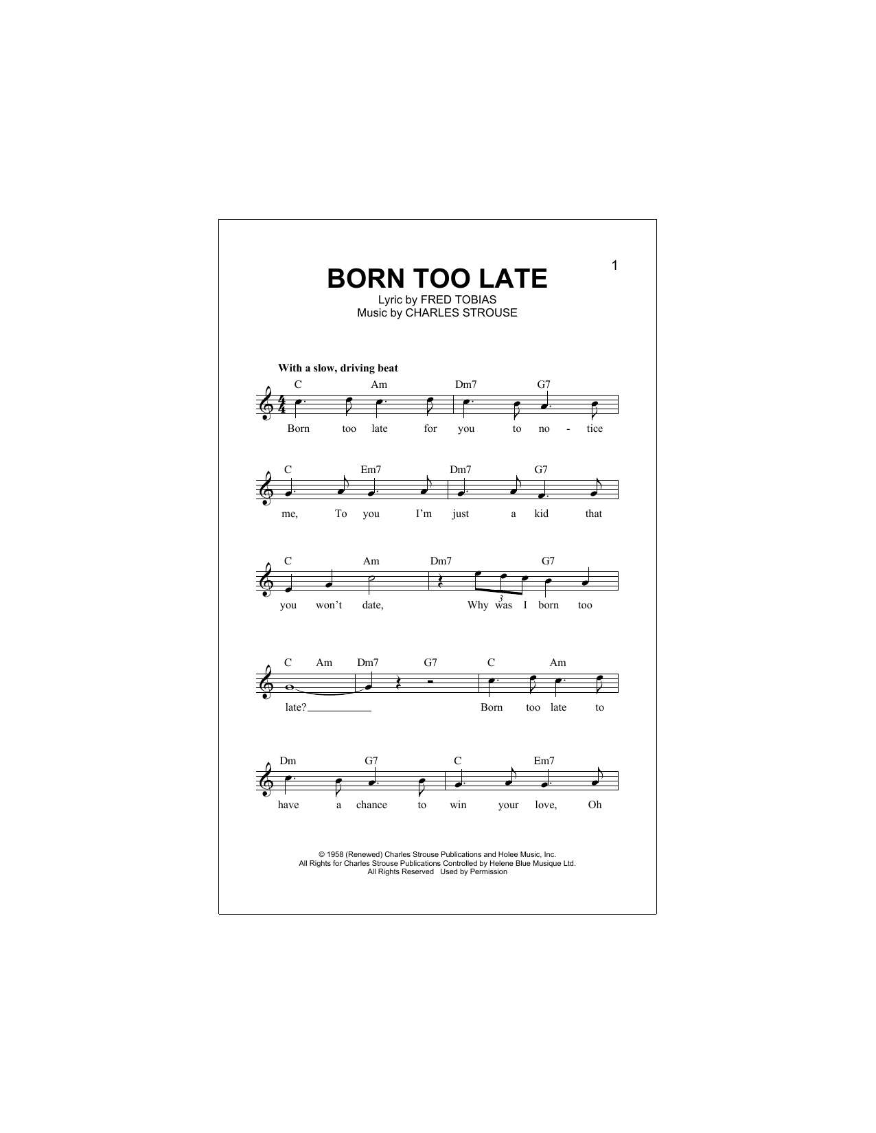 Charles Strouse Born Too Late Sheet Music Notes & Chords for Melody Line, Lyrics & Chords - Download or Print PDF