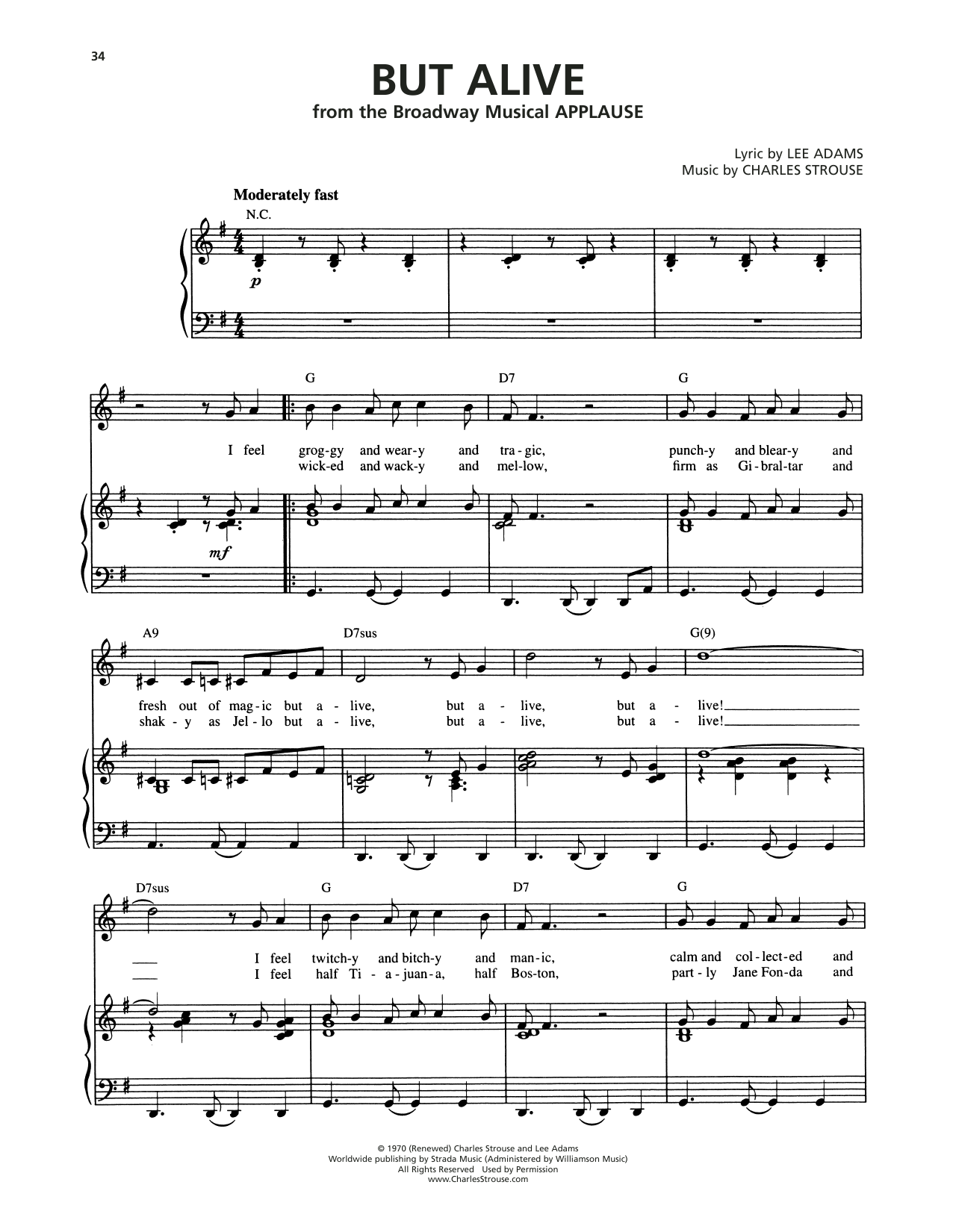 Charles Strouse But Alive (from Applause) Sheet Music Notes & Chords for Piano, Vocal & Guitar (Right-Hand Melody) - Download or Print PDF