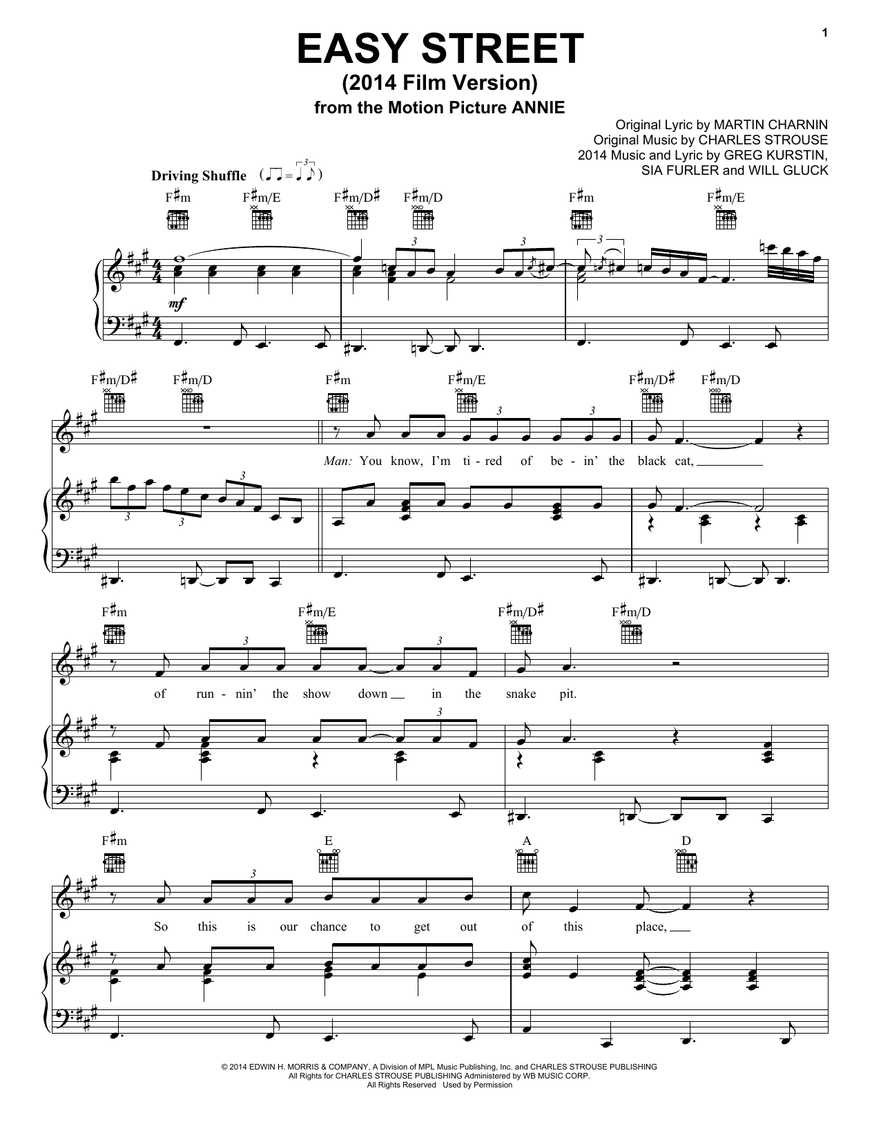 Charles Strouse Easy Street (2014 Film Version) Sheet Music Notes & Chords for Piano, Vocal & Guitar (Right-Hand Melody) - Download or Print PDF