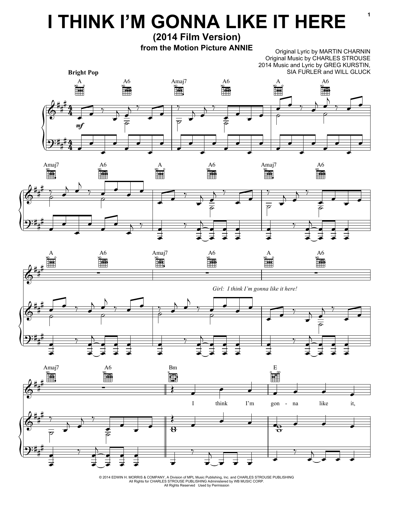 Charles Strouse I Think I'm Gonna Like It Here (2014 Film Version) Sheet Music Notes & Chords for Piano, Vocal & Guitar (Right-Hand Melody) - Download or Print PDF
