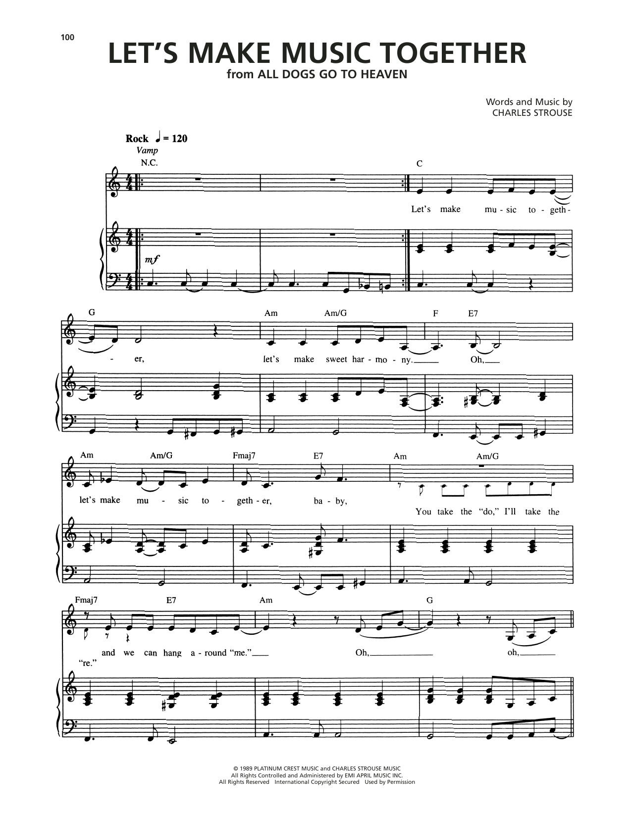 Charles Strouse Let's Make Music Together (from All Dogs Go To Heaven) Sheet Music Notes & Chords for Piano & Vocal - Download or Print PDF