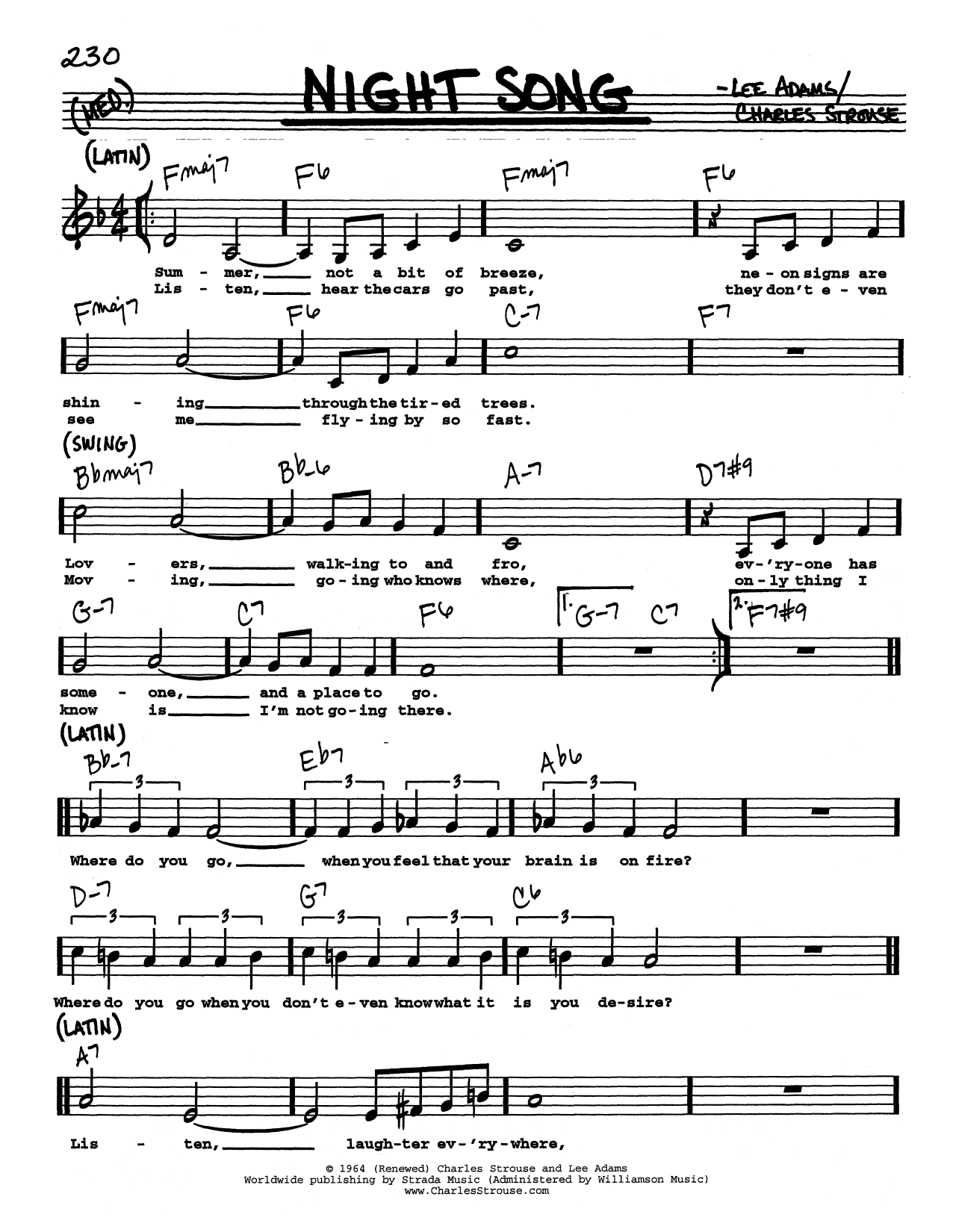 Charles Strouse Night Song (Low Voice) Sheet Music Notes & Chords for Real Book – Melody, Lyrics & Chords - Download or Print PDF