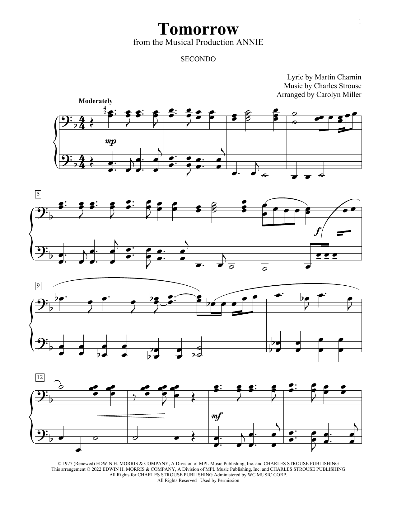 Charles Strouse Tomorrow (from Annie) (arr. Carolyn Miller) Sheet Music Notes & Chords for Piano Duet - Download or Print PDF