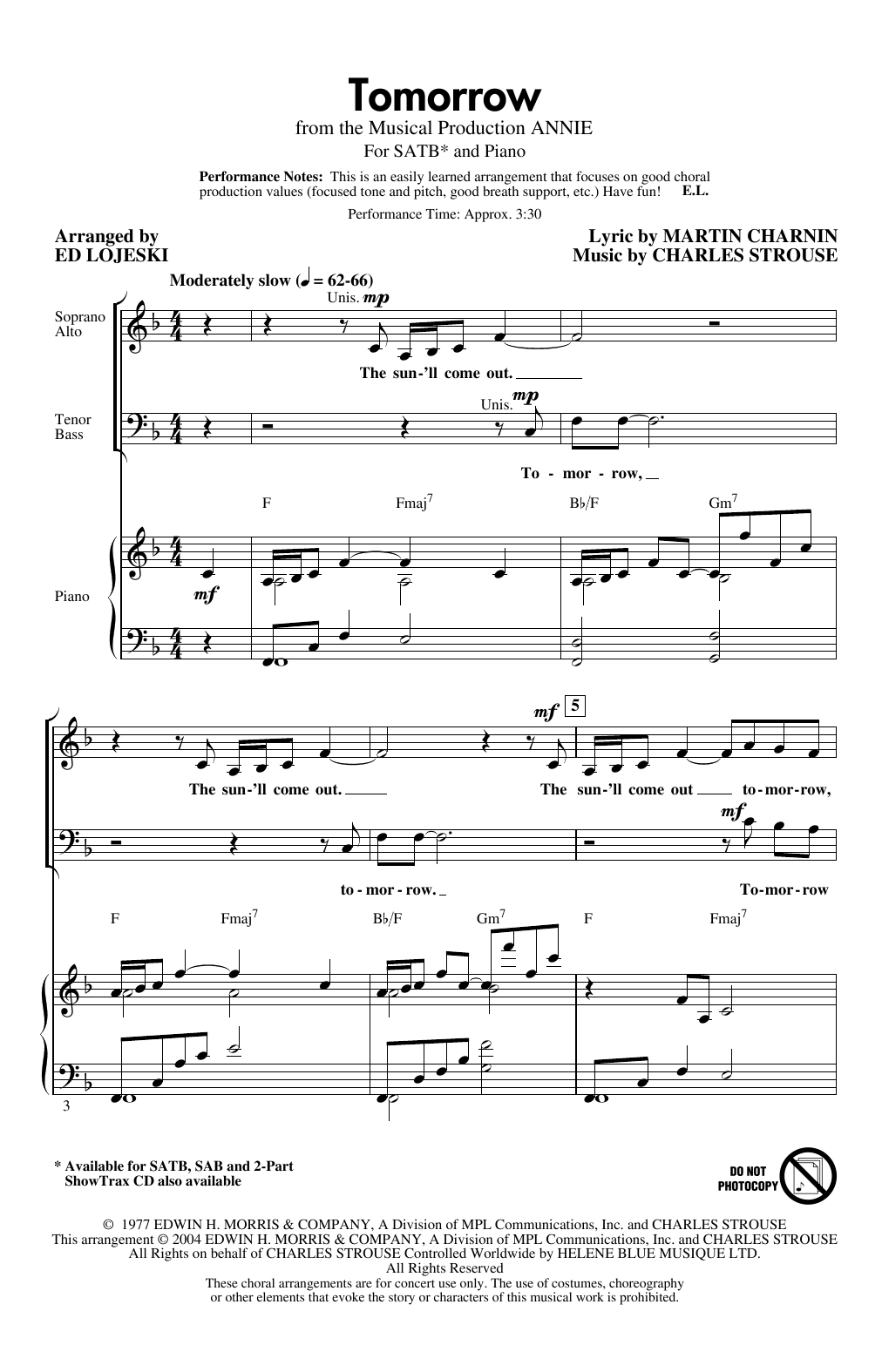 Charles Strouse Tomorrow (from Annie) (arr. Ed Lojeski) Sheet Music Notes & Chords for SAB Choir - Download or Print PDF