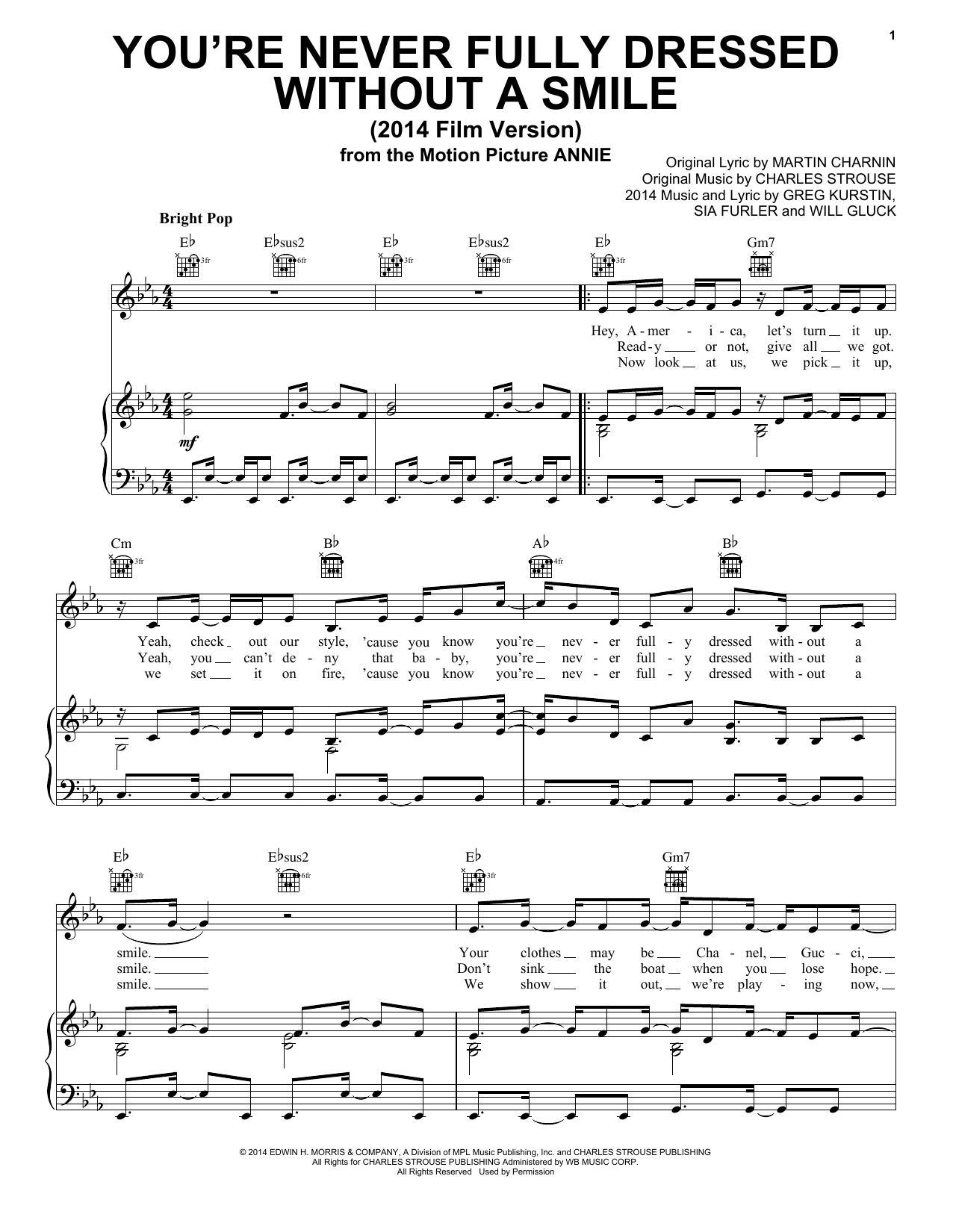 Charles Strouse You're Never Fully Dressed Without A Smile (2014 Film Version) Sheet Music Notes & Chords for Piano, Vocal & Guitar (Right-Hand Melody) - Download or Print PDF
