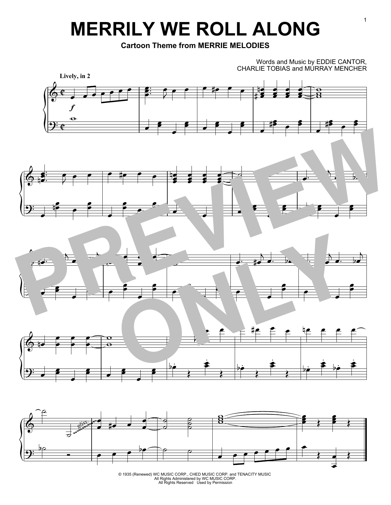 Charles Tobias, Eddie Cantor & Murray Mencher Merrily We Roll Along (from Looney Tunes) Sheet Music Notes & Chords for Piano Solo - Download or Print PDF