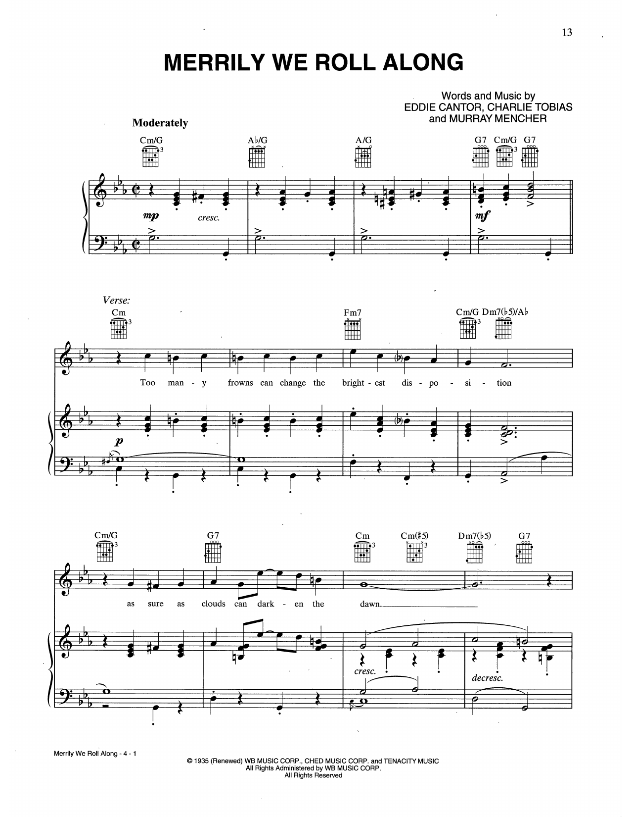 Charles Tobias, Eddie Cantor & Murray Mencher Merrily We Roll Along Sheet Music Notes & Chords for Piano, Vocal & Guitar Chords (Right-Hand Melody) - Download or Print PDF