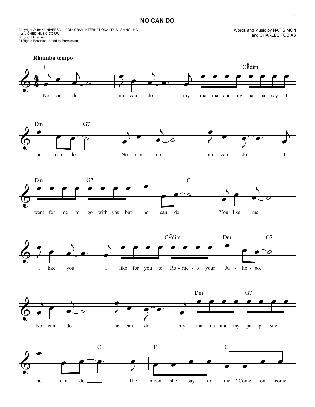 Charles Tobias No Can Do Sheet Music Notes & Chords for Melody Line, Lyrics & Chords - Download or Print PDF