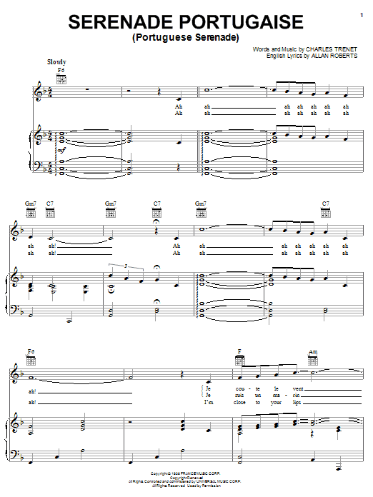 Charles Trenet Serenade Portugaise Sheet Music Notes & Chords for Piano, Vocal & Guitar (Right-Hand Melody) - Download or Print PDF