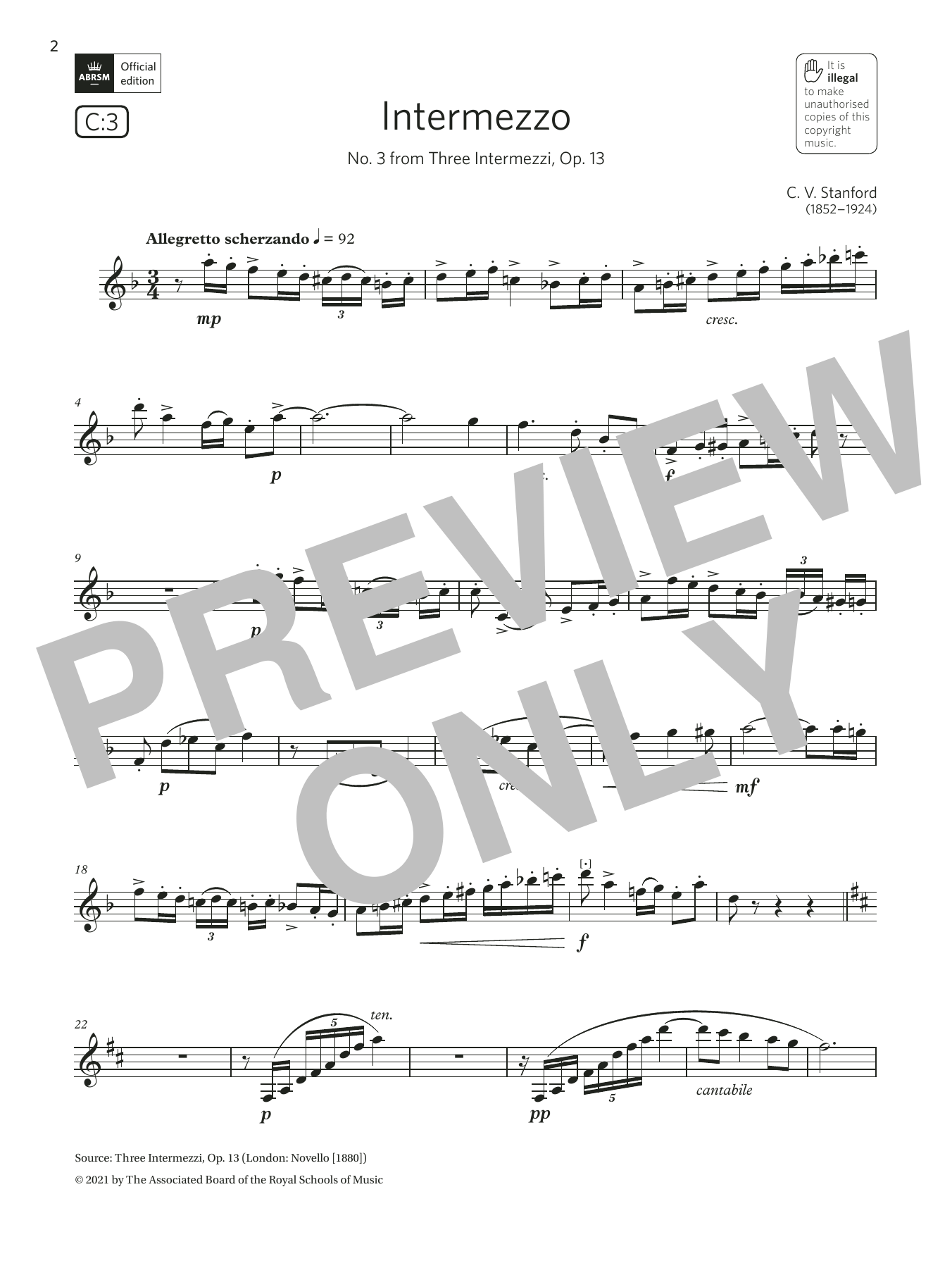 Charles Villiers Stanford Intermezzo (from Three Intermezzi) (Grade 7 List C3 from the ABRSM Clarinet syllabus from 2022) Sheet Music Notes & Chords for Clarinet Solo - Download or Print PDF