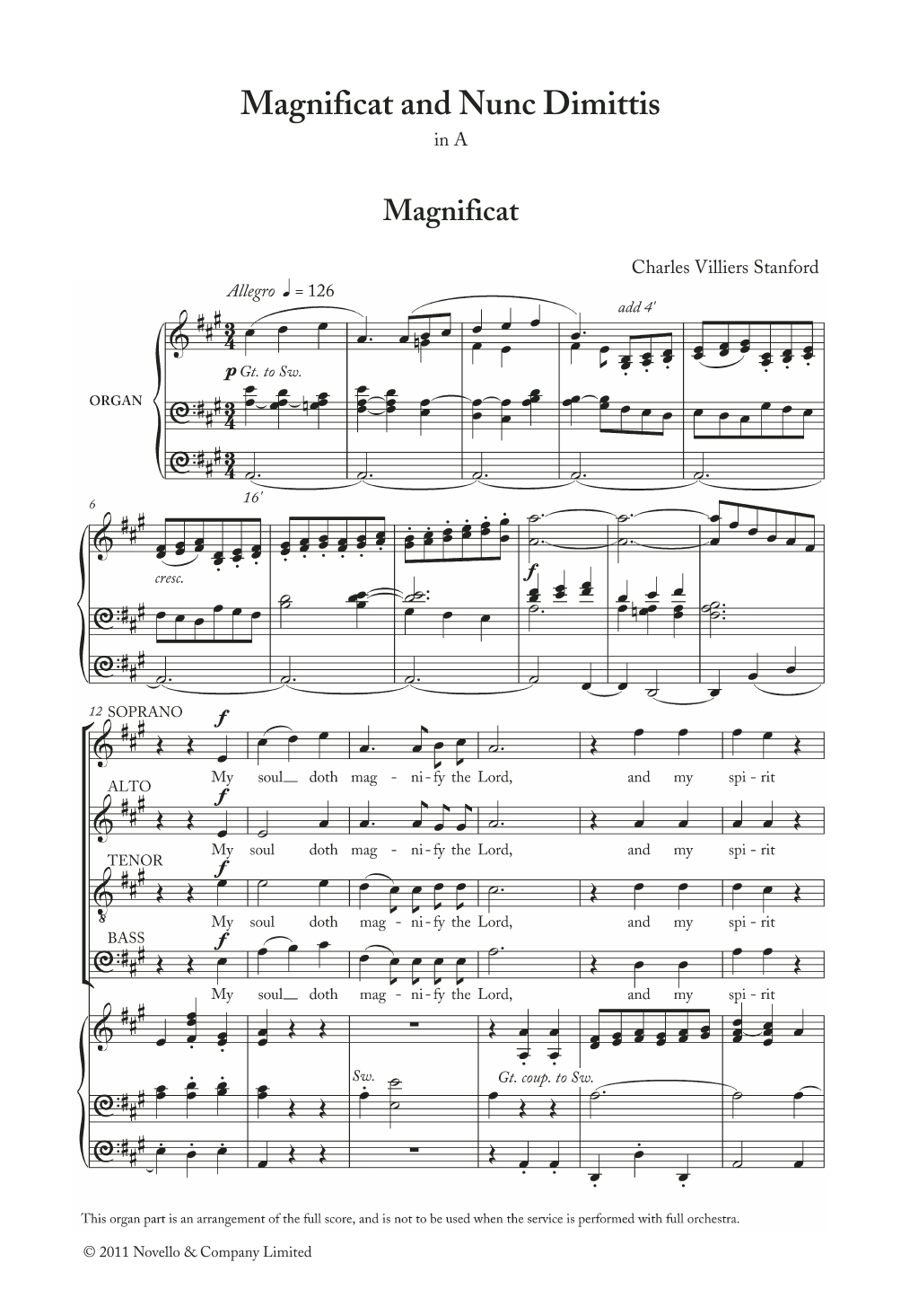 Charles Villiers Stanford Magnificat And Nunc Dimittis In A Sheet Music Notes & Chords for Piano, Vocal & Guitar - Download or Print PDF