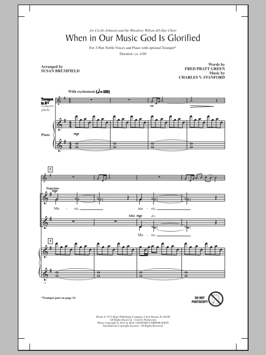 Charles Villiers Stanford When In Our Music God Is Glorified (arr. Susan Brumfield) Sheet Music Notes & Chords for 3-Part Treble - Download or Print PDF