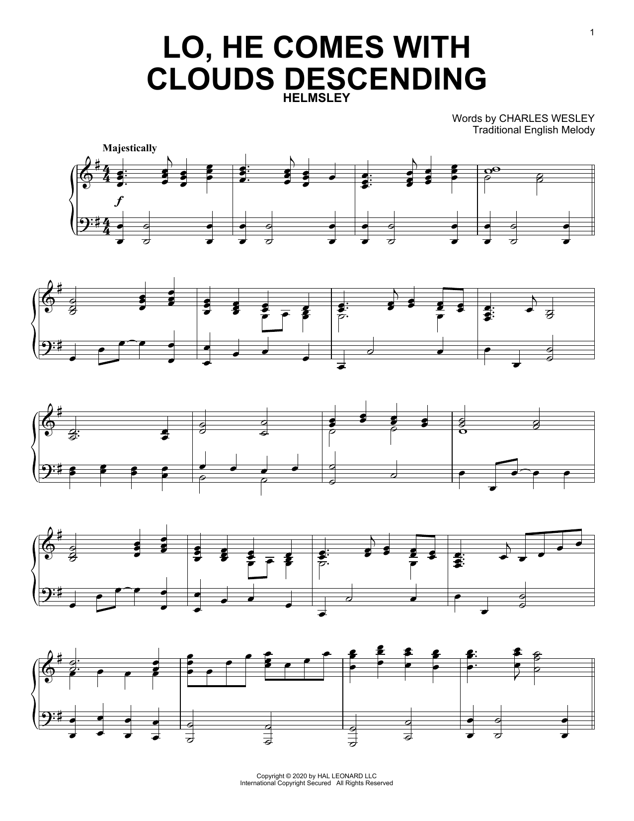 Charles Wesley Lo, He Comes With Clouds Descending Sheet Music Notes & Chords for Piano Solo - Download or Print PDF