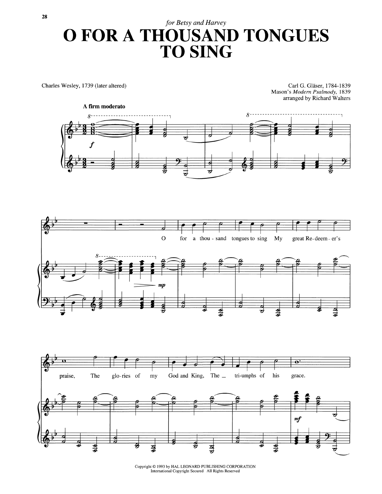 Charles Wesley O For A Thousand Tongues To Sing (arr. Richard Walters) Sheet Music Notes & Chords for Piano & Vocal - Download or Print PDF