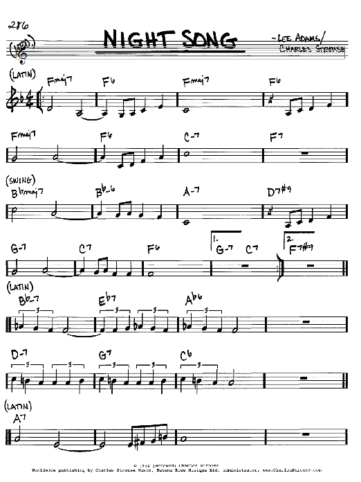 Preview Charles Strouse Night Song Jazz sheet music, notes and chords for Real Book - Melody, Lyrics & Chords - C Instruments, SKU: 60913 Night Song sheet music