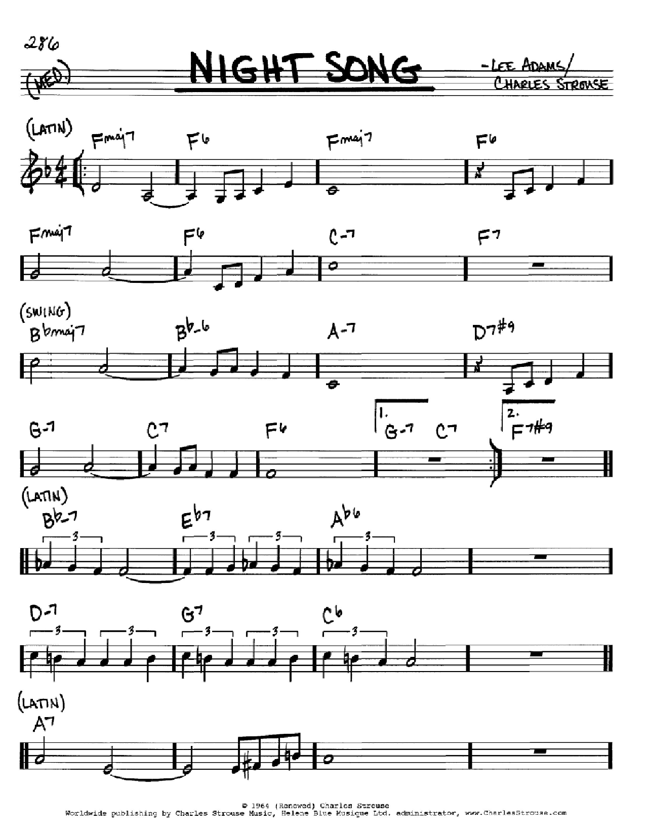 Preview Charles Strouse Night Song Jazz sheet music, notes and chords for Piano, Vocal & Guitar (Right-Hand Melody), SKU: 65440 Night Song sheet music