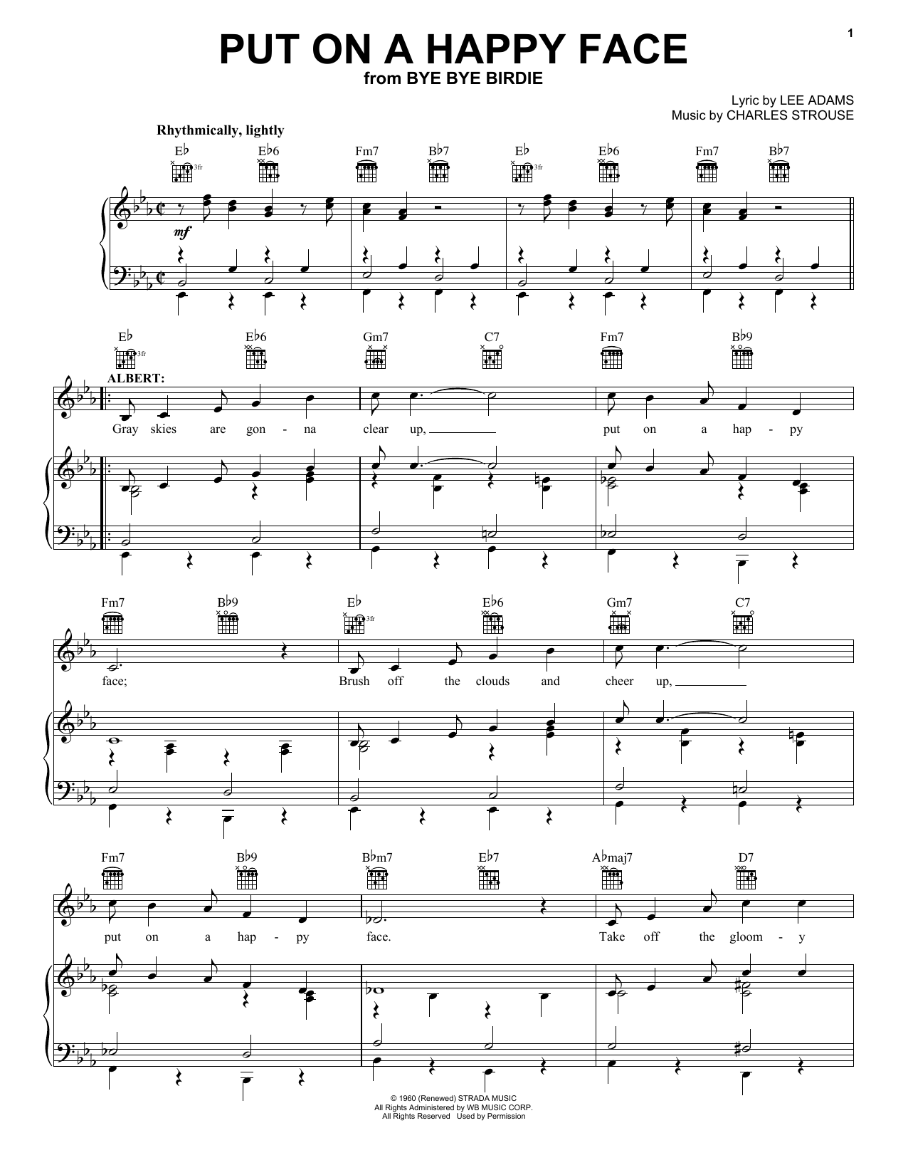 Preview Charles Strouse Put On A Happy Face Jazz sheet music, notes and chords for Melody Line, Lyrics & Chords, SKU: 191675 Put On A Happy Face sheet music