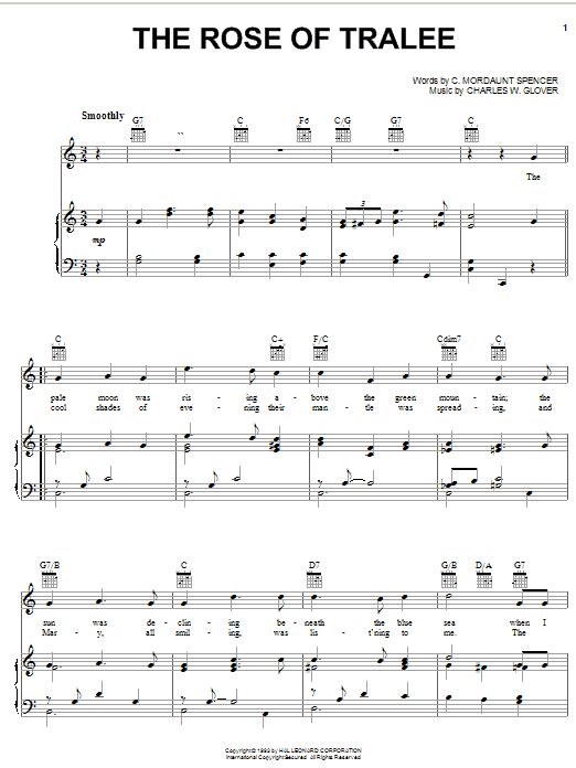 Preview Charles W. Glover The Rose Of Tralee World sheet music, notes and chords for Piano, Vocal & Guitar (Right-Hand Melody), SKU: 25956 The Rose Of Tralee sheet music
