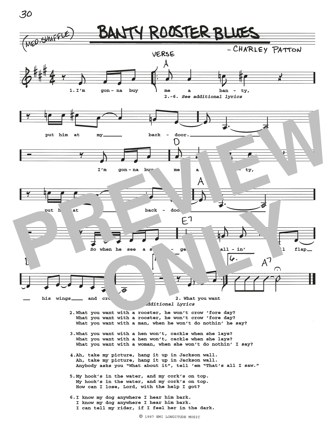 Charley Patton Banty Rooster Blues Sheet Music Notes & Chords for Real Book – Melody, Lyrics & Chords - Download or Print PDF