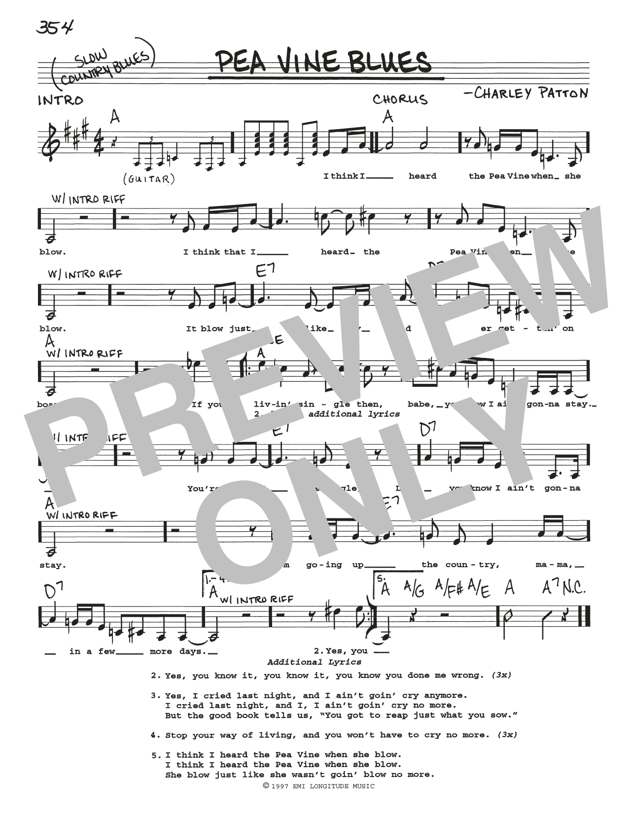 Charley Patton Pea Vine Blues Sheet Music Notes & Chords for Real Book – Melody, Lyrics & Chords - Download or Print PDF