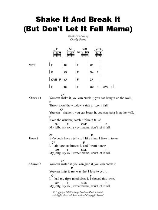 Charley Patton Shake It And Break It (But Don't Let It Fall Mama) Sheet Music Notes & Chords for Lyrics & Chords - Download or Print PDF