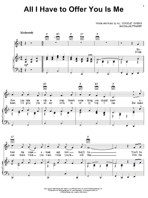 Charley Pride All I Have To Offer You Is Me Sheet Music Notes & Chords for Piano, Vocal & Guitar (Right-Hand Melody) - Download or Print PDF