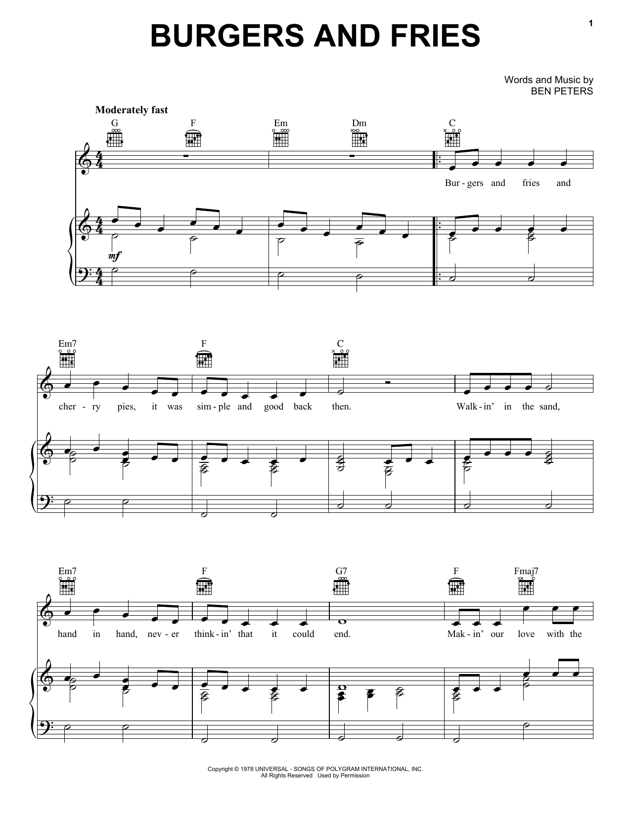 Charley Pride Burgers And Fries Sheet Music Notes & Chords for Piano, Vocal & Guitar Chords (Right-Hand Melody) - Download or Print PDF