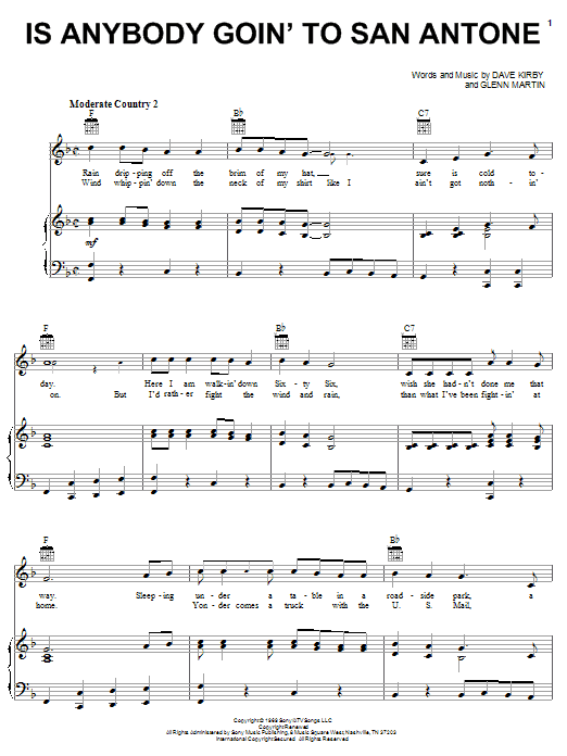 Charley Pride Is Anybody Goin' To San Antone Sheet Music Notes & Chords for Piano, Vocal & Guitar (Right-Hand Melody) - Download or Print PDF