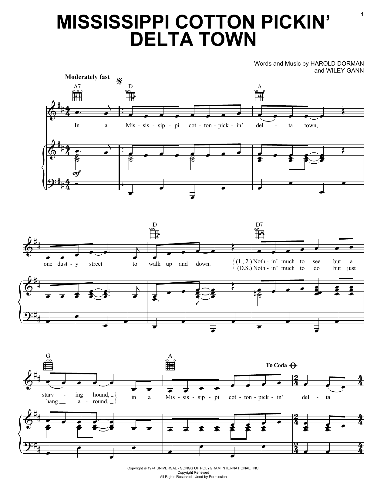 Charley Pride Mississippi Cotton Pickin' Delta Town Sheet Music Notes & Chords for Piano, Vocal & Guitar Chords (Right-Hand Melody) - Download or Print PDF