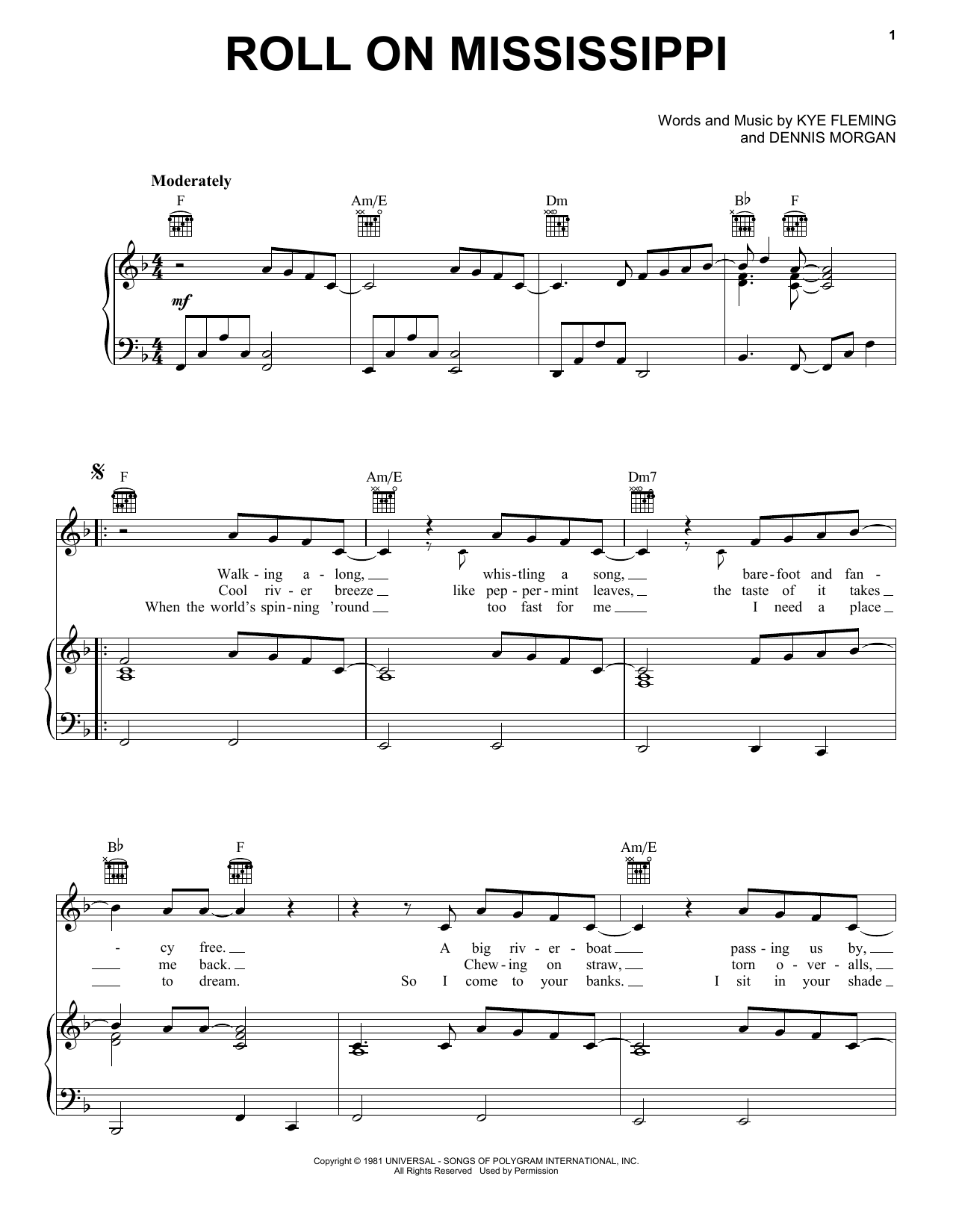 Charley Pride Roll On Mississippi Sheet Music Notes & Chords for Piano, Vocal & Guitar Chords (Right-Hand Melody) - Download or Print PDF