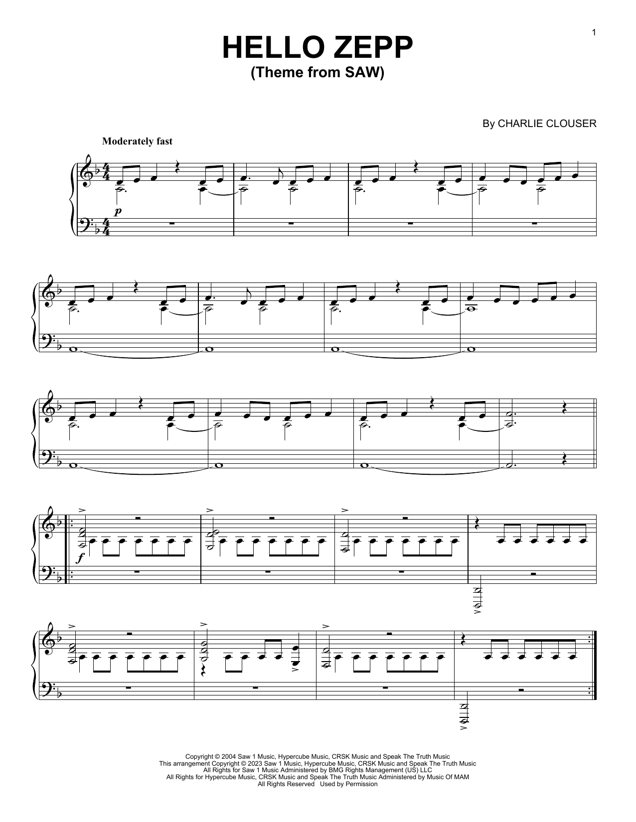 Charlie Clouser Hello Zepp (Theme From Saw) Sheet Music Notes & Chords for Piano Solo - Download or Print PDF