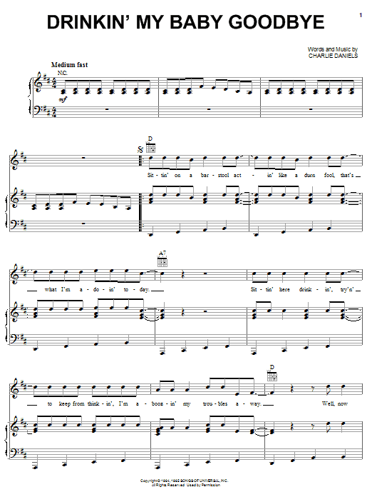 Charlie Daniels Band Drinkin' My Baby Goodbye Sheet Music Notes & Chords for Piano, Vocal & Guitar (Right-Hand Melody) - Download or Print PDF