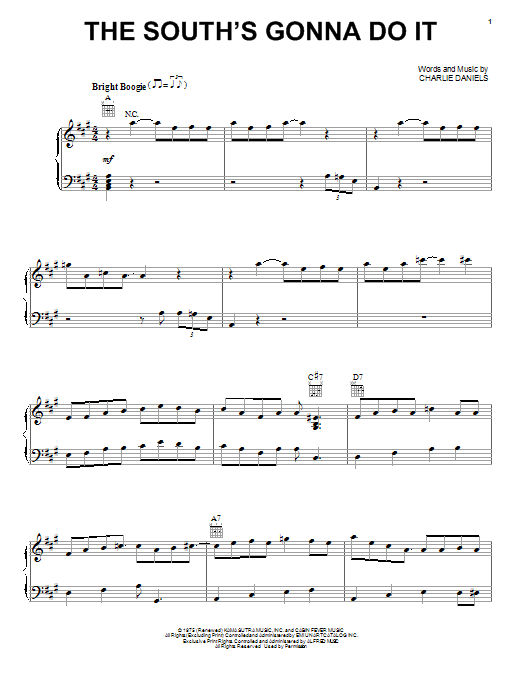 Charlie Daniels Band The South's Gonna Do It Sheet Music Notes & Chords for Piano, Vocal & Guitar (Right-Hand Melody) - Download or Print PDF