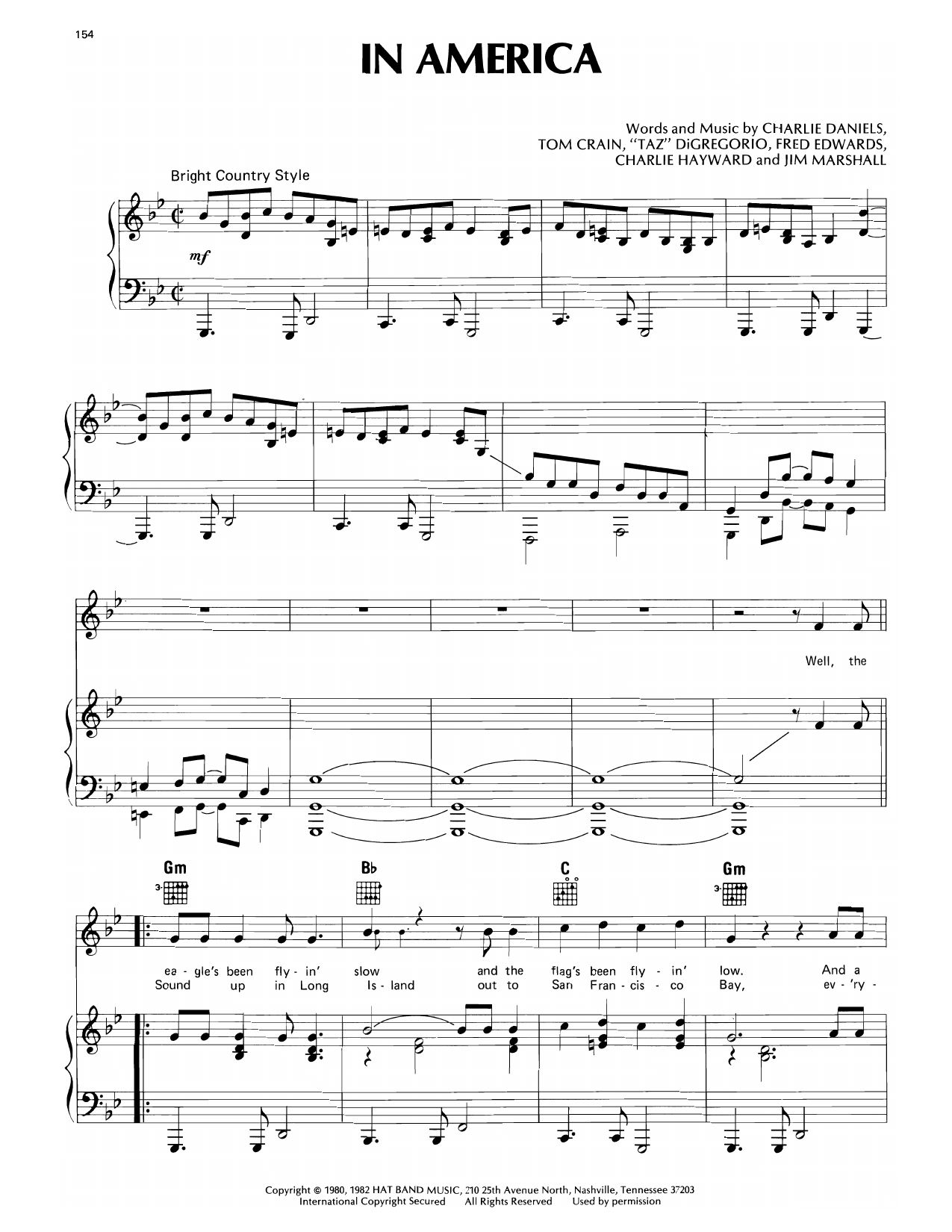 Charlie Daniels In America Sheet Music Notes & Chords for Piano, Vocal & Guitar Chords (Right-Hand Melody) - Download or Print PDF