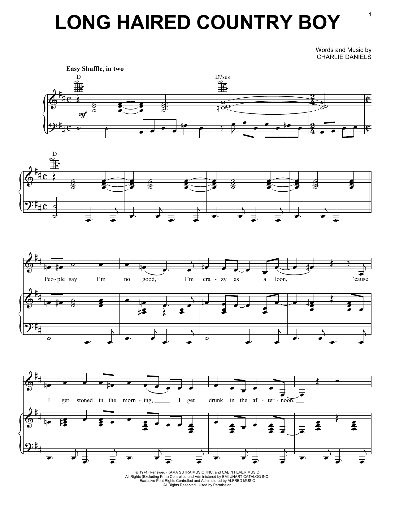 Charlie Daniels Long Haired Country Boy Sheet Music Notes & Chords for Piano, Vocal & Guitar (Right-Hand Melody) - Download or Print PDF